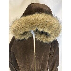 Brown Leather Jacket Heavy Coat Womens S Faux Fur Hood Boho Gorp Penny
